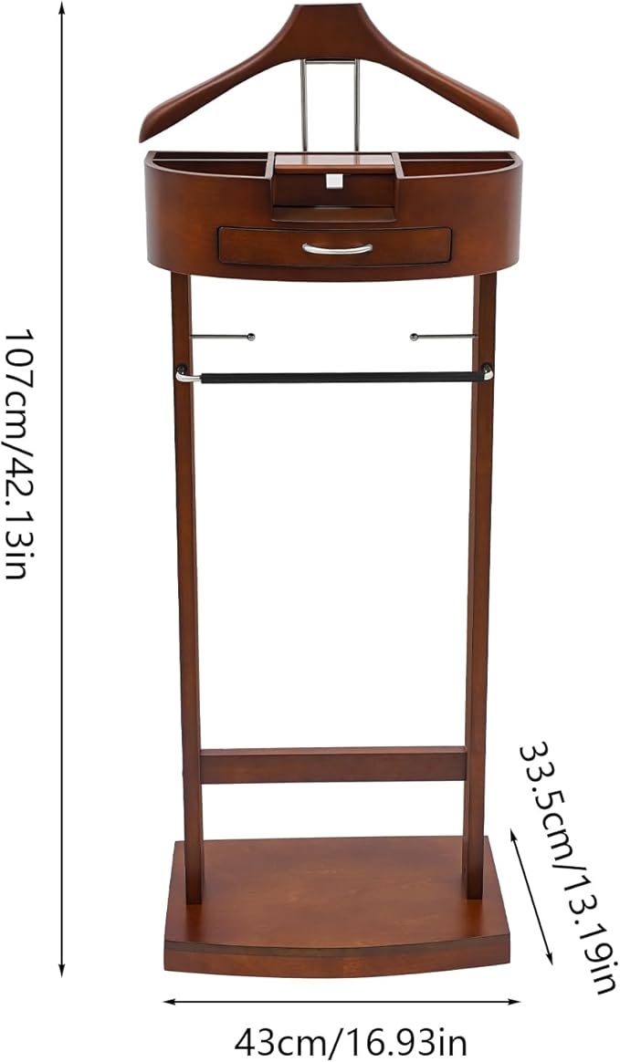 Suit Valet Stand Wood Valet Stand for Man, Wooden Clothing Valet Stand with Contour Hanger, Tray, Trouser Bar, Tie Bar and Base, Mens Valet Stand for Entryway Office Living Room (Brown)