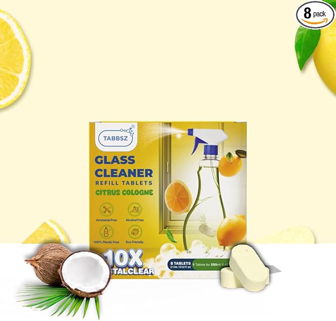 Glass Cleaner Refill Tablets | Plant-Based Streak-Free Window & Mirror Cleaner | Non-Toxic & Eco-Friendly Cleaning Solution | Plastic-Free Packaging | Citrus Cologne - Pack of 8