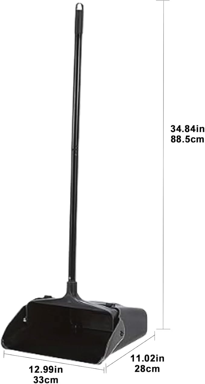 Pivoting Upright Dust Pan with Long Handle and Wheels, Large Capacity, Heavy Duty Commercial Dustpan for Indoor Outdoor, Standing Dust Pan for Home and Restaurant Cleaning, Black