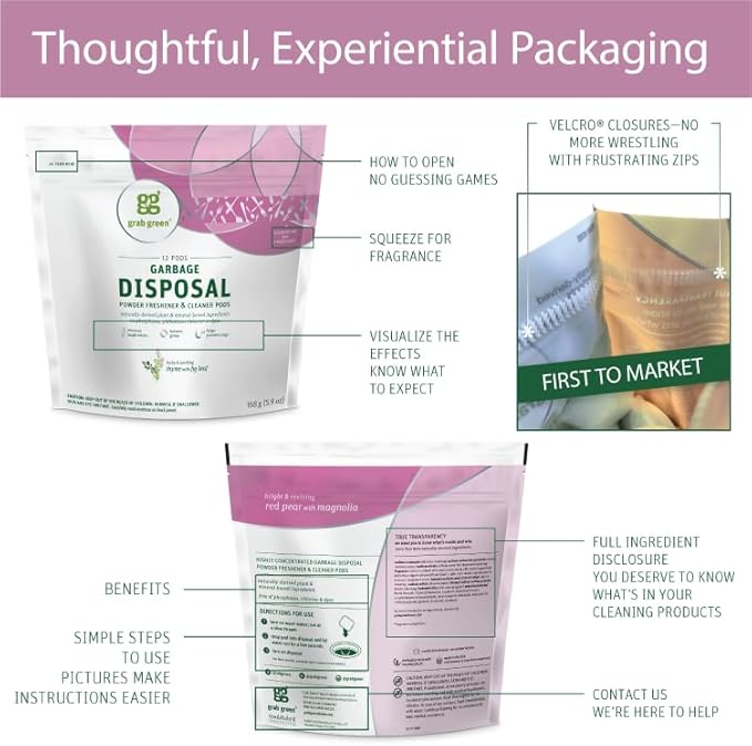 Grab Green Naturally-Derived, Mineral-Based Disposal Cleaner & Freshener Pods, Red Pear with Magnolia, 12 Pods (4-Pack)