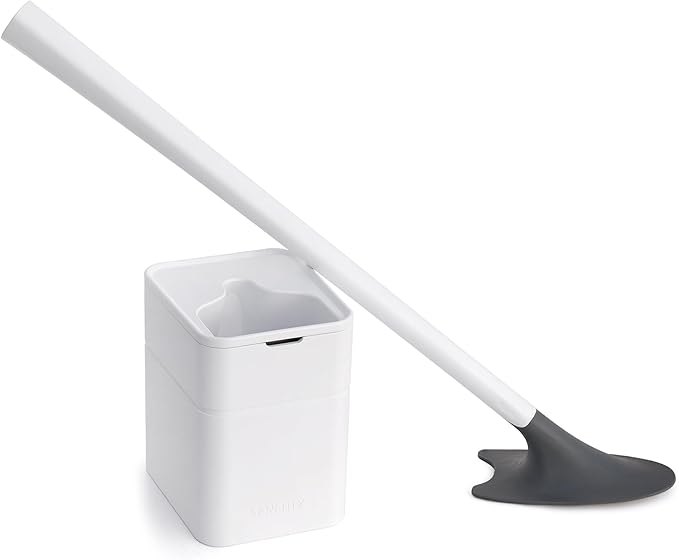 Broombi Sani-Flex Toilet Brush Squeegee and drip-Less Holder Set with a Patented Silicone Bristle-Free Head - no Mess, no clinging gunk or Poo, Super Clean Solution (White)