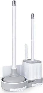 BOOMJOY Toilet Brush and Plunger Set with Crevice Cleaning Brush, White Plunger and Brush Combo with Hidden Holder, Bathroom Plunger and Toilet Bowl Brush Set Heavy Duty