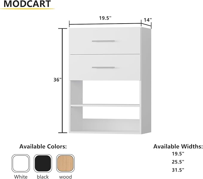 MODCART 2 Drawer Short Tower Closet Unit, Modular Closet System, Wood Closet System Organizer with Storage for Walk In Closets, Clothing Rack Closet for Hanging Clothes, Bedroom, White, 19.5"W