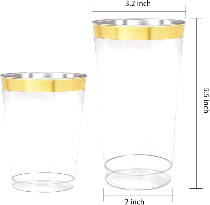 LIYH 100 Pcs Gold Plastic Cups - 16 oz Clear and Gold Rim Plastic Wine Cups, Big Size Fancy Disposable Party Cup Beverage Drinking Cup for Party & Wedding