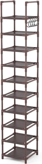LANTEFUL Tall Shoe Rack 10-Tier Narrow Shoe Shelf Storage for 10-15 Pairs Shoe and Boot, Sturdy Shoe Storage Space Saving Corner Shoe Rack Organizer for Closet, Entryway, Living Room, Brown