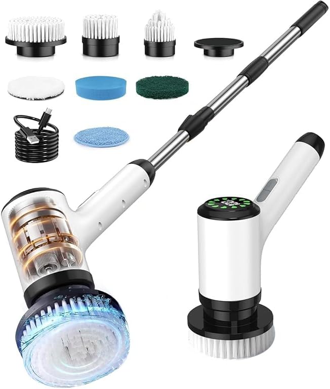 Electric Spin Scrubber, Cordless Cleaning Brush, Bathroom Shower Scrubber with 7 Replaceable Brush Heads, 2 Adjustable Speeds, Extension Handle, IPX7 Waterproof for Tub Tile Floor Car, White-o2.