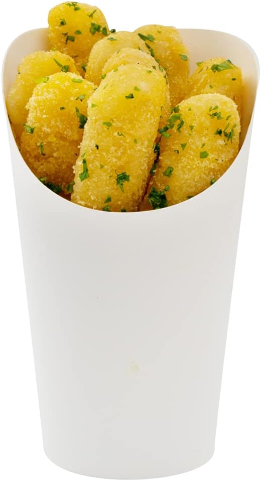 Restaurantware Bio Tek 16 Ounce French Fry Containers 100 Disposable Charcuterie Cups - Incline Design Round White Paper French Fry Cups Stackable For Waffles Chips or Popcorn