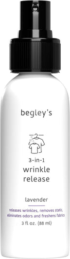Begley's 3-in-1 Wrinkle Remover, Quick Fix Wrinkle Release, Static Cling Remover, Odor Eliminator and Fabric Refresher Spray - USDA Certified Biobased - Lavender, 3 oz Travel Size