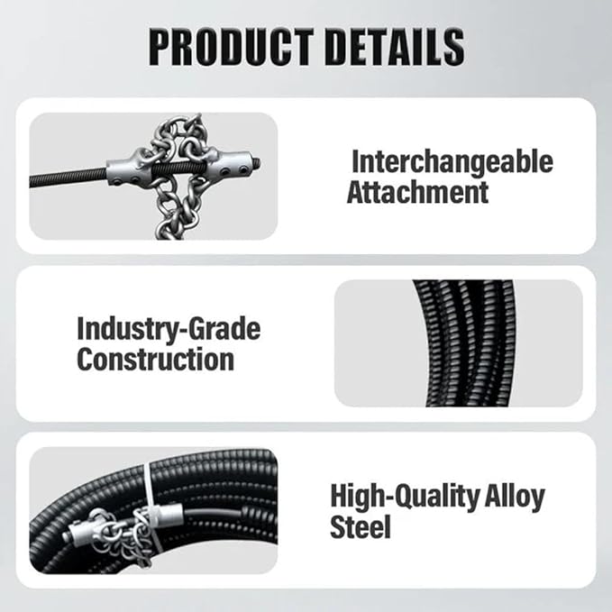 Flex-Shaft Sewer Descaling Chain, Multi-Purpose PVC Pipe Maintenance Tool, Push-Type Rotary Cable Sewer Dredge, Oil Stains in Pipeline Blocks Drilling Tools, Suitable for 16mm Spring