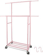 Fishat Portable Pink Double Rods Garment Clothes Rack for Drying with Rolling Clothes Organizer on Lockable Wheels Mobile for Girls Women, 48"W x 15"D x 67"H, Metal Simple Hanging Clothes with 2 Hook