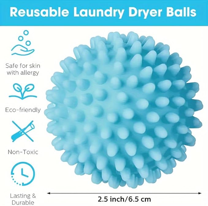 Reusable Laundry Dryer Balls, Sky Blue Plastic Anti-Static Fabric Softener, Reduces Wrinkles, Sustainable Cleaning Supplies, Essential Washing & Drying Aid for Soft, 6 Pack, 2.36 in (Sky Blue)