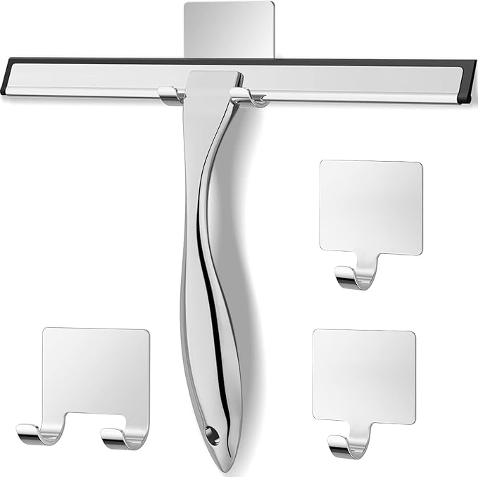 Shower Squeegee for Glass Door with 3 Adhesive Hook, Stainless Steel Glass Cleaning Squeegee for Bathroom & Household Window, Mirrors, Tiles and Car, 10 Inches, Clear, Silver