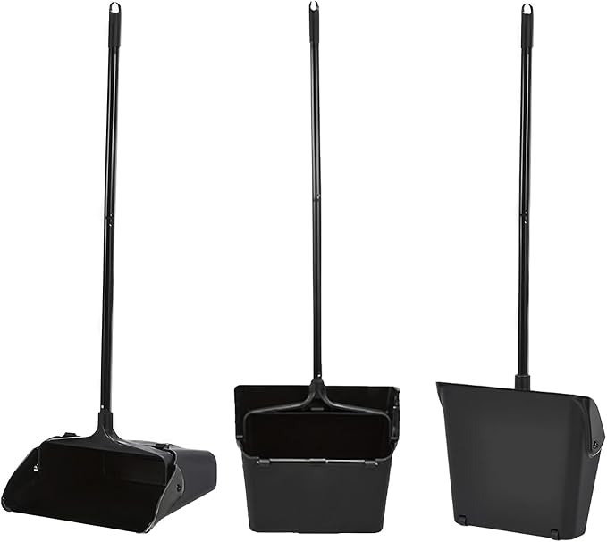 3-Pack Commercial Upright Dust Pan with Long Handle and Wheels – Heavy Duty Large Dust Pans for Indoor/Outdoor Use, Janitorial or House Cleaning Tools, Black Standing Dustpan