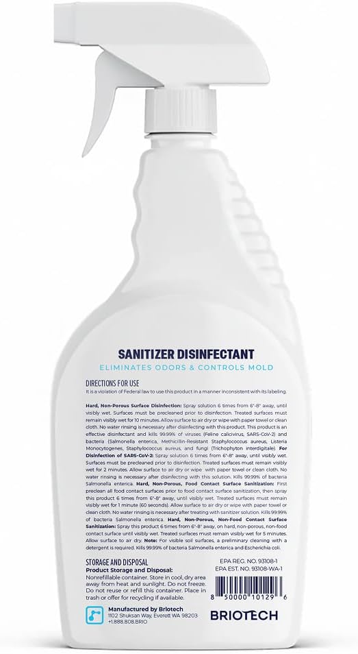 BRIOTECH Sanitizer Disinfectant Hypochlorous Spray, Kills 99.99% of Viruses & Bacteria, Eliminates Odor, Gentle for Nurseries & Play Rooms, Rinse Free Surface Sanitizer, 32 fl oz (Pack of 2)