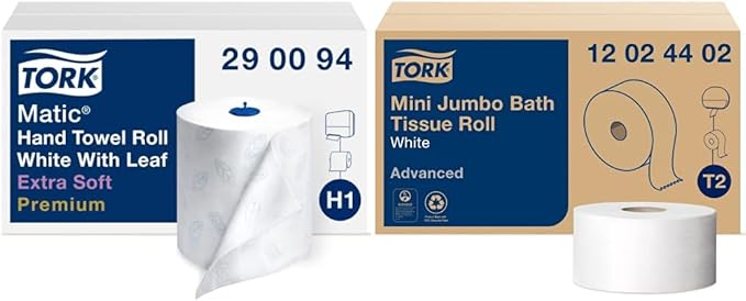 Tork Matic Extra Soft Paper Hand Towel Roll White with Blue Leaf H1 (6 Rolls) and Tork Mini Jumbo Toilet Paper Roll White T2 (12 Rolls)