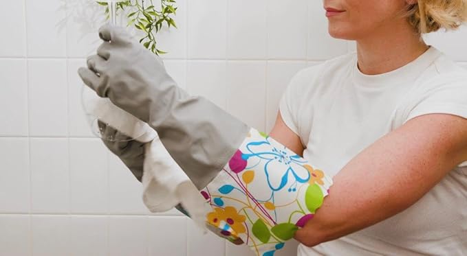 Household Gloves Latex Free Cleaning Grey and Yellow Gloves with Soft Lining Long Cuff 15" & Grip (2 Pair), Medium