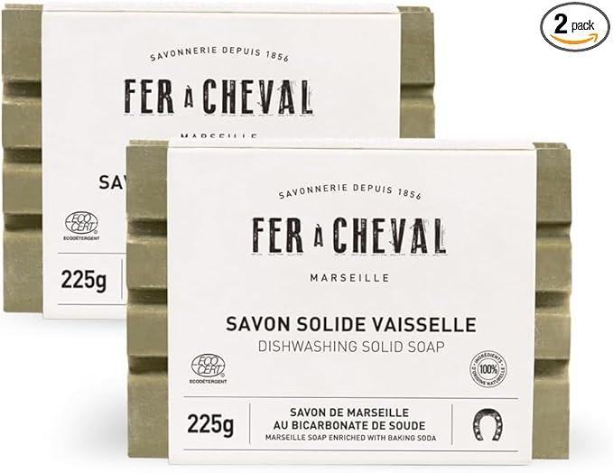 Fer à Cheval Marseille Dishwashing Soap, Olive Oil Based, Made in France - Bar Dish Soap, 225 g/7.94 oz, 2 Pack