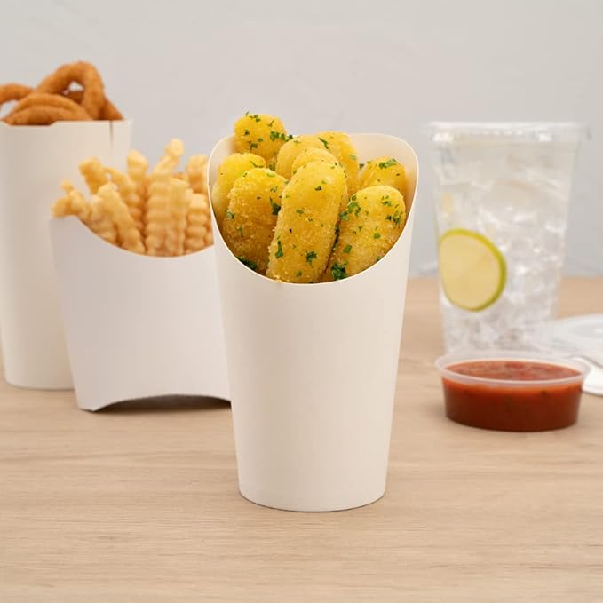 Restaurantware Bio Tek 16 Ounce French Fry Containers 100 Disposable Charcuterie Cups - Incline Design Round White Paper French Fry Cups Stackable For Waffles Chips or Popcorn