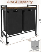 12 x 2 Gal Large Laundry Hamper with Wheels, 2 Pull-Out & Removable Sorter Bags, Freestanding Clothes Basket Organizer for Clothing or Toys in Bathroom and Living Room, Rustic Brown and Black