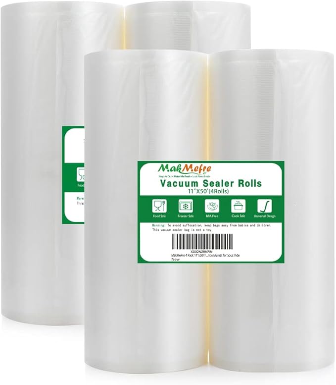 MakMeFre 4 Pack 11"x50'(Total200Feet) Vacuum Sealer Bags Rolls for Food,Commercial Grade, BPA Free,Puncture Prevention,Great for Sous Vide Cooking