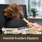 Feather Duster with Ostrich Feathers Wooden Handle 14" – Natural Reusable Duster for Cleaning, Furniture & Shelves, Blinds, Ceiling Fan, Dusting Tool for Home, Office, Delicate Surfaces - 1 Pack
