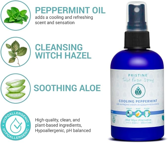 Pristine Toilet Paper Spray: As Seen on Shark Tank, the More Natural Alternative to Flushable Wet Wipes & Personal Cleansing Wipes, Spray Dry Toilet Paper to Create a Flushable Wipe - Peppermint