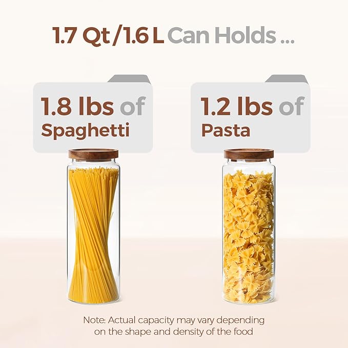 ComSaf 3Pcs (1.7Qt) Airtight Glass Pasta Storage Containers with Acacia Wood Lids, Tall Pantry Storage Container for Organizing Spaghetti and Pasta, Thick Glass Spaghetti Container with Pasta Labels