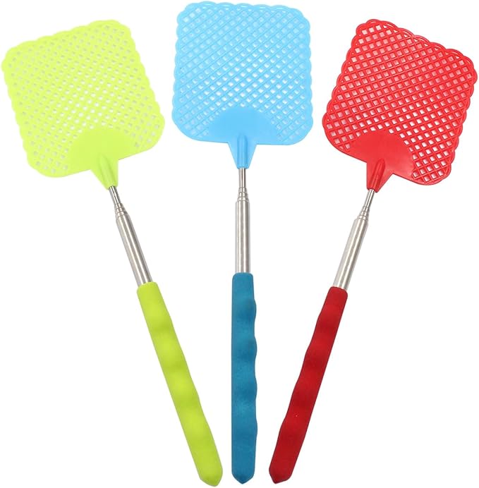 Telescopic Fly Swatter, 3 Pack Manual Durable Plastic FlySwatters Gnat Swatter for Indoor Outdoor Classroom