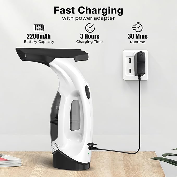 Window Vacuum Squeegee Cordless, 2000Pa Electric Window Cleaner Tool with 2200mAh & 150ml Water Collection Tank, Window Cleaning Kit Shower Squeegee for Glass Doors, Windows, Mirrors, Car (White)