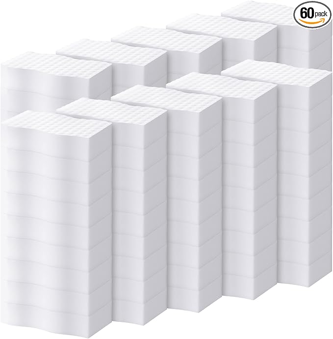 60 Pack Magic Extra Durable Sponge Eraser 3 Layer Density Cleaning Pads in Bulk Thick More Lasting Sponge Eraser for Bathroom Kitchen Floor Bathtub Toilet Cleaner(White)