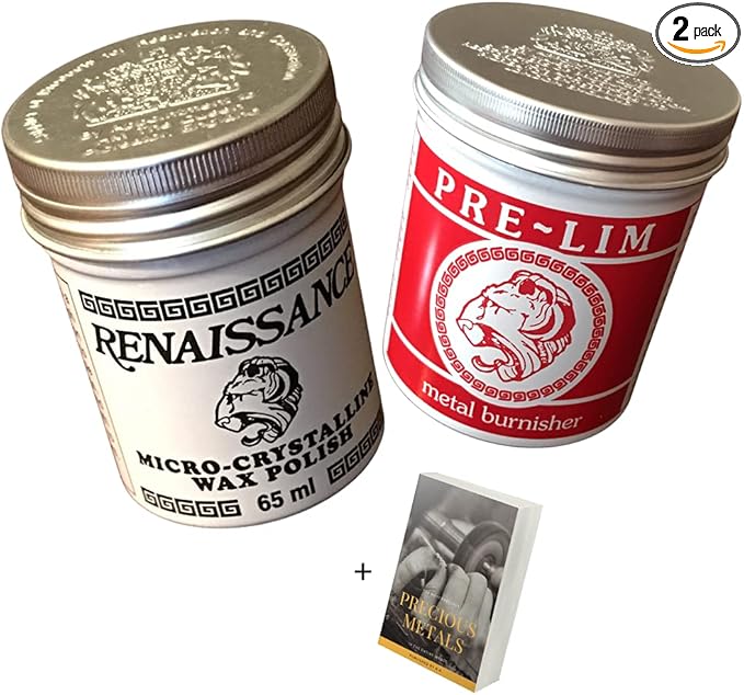 R e n a i s s a n c e Wax Polish & Pre Lim Surface Cleaner Set - 65ml Jewelry Cleaner Restoration of Silver Gold Brass Copper-Metal Polish & Car Polish Microcrystalline Wax, Polishing Compound & Ebook