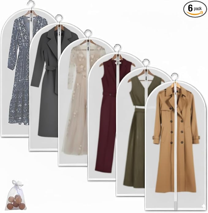 MsKitchen 6 Pack Long Garment Bags (24x60") - Dustproof Gown Covers - Durable PEVA Hanging Bags with Sturdy Zipper for Maxi Dresses, Long Coats & Dance Costumes (Translucent)