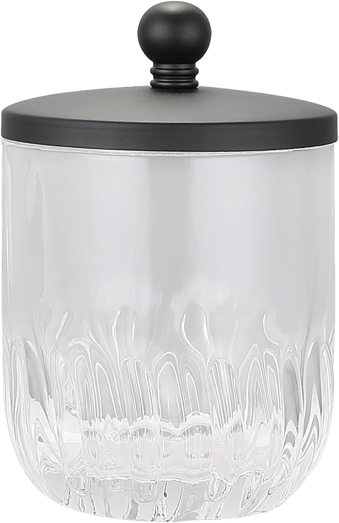 Glass Jar with Metal Lid for Bathroom Organization, Clear Apothecary Jar for Cotton Balls, Q Tips, and Small Accessories, Stylish Bathroom Storage Container Black