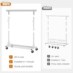 Gewudraw Heavy Duty Clothes Rack, 530 lbs Load Capacity Metal Garment Rack on Wheels - Collapsible Adjustable Portable Storage with Hooks, White