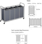 Laundry Basket, 4-Bag Laundry Hamper, Grey Laundry Sorter with Heavy Duty Lockable Rolling Wheels, Laundry Room Organization with Removable Bags Basket Separator for Dirty Clothes Storage
