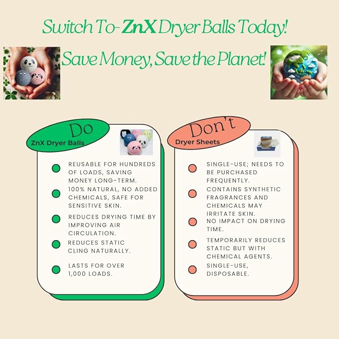 ZnX Wool Dryer Balls 6 Pack XL Eco-Friendly, Renewable and Biodegradable Crafted from 100% Organic New Zealand Sheep Wool, Wool Balls Replaces Dryer Sheets - Laundry Balls with Storage Bag