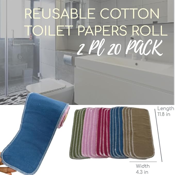 Reusable Toilet Paper Towels 20 Count Roll,Washable Cotton Cloth Paper Bidet Towels,2-Ply Super Soft Absorbent,Paperless Wipes Zero Waste(Solid 5 Colors)