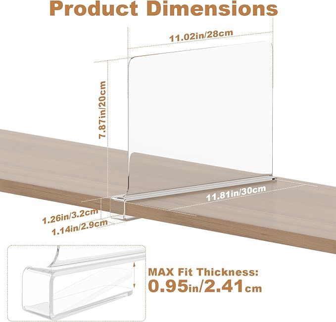 Clear Shelf Dividers for Closet Organization, Pack of 2, Acrylic Closet Dividers for Shelves, Purse Organizer, Handbag Organizer, Fits Clothes Bag Towel, for Bedroom Kitchen Bookshelf