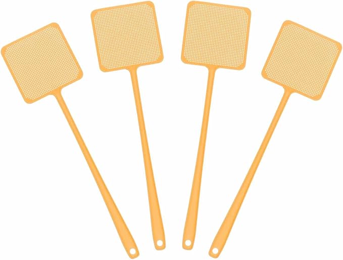 HARFINGTON 4pcs Fly Swatter 4.5"x4.5" Plastic Manual Heavy Duty Long Handle Fly Swatter for Home Indoor Outdoor, Gold