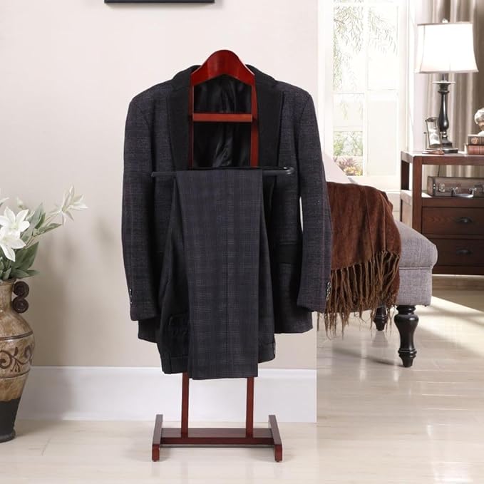Wooden Suit Valet Stand with Contour Hanger Trouser Bar and Accessory Tray Elegant Wardrobe Organizer for Men Bedroom Closet and Office Mahogany Finish