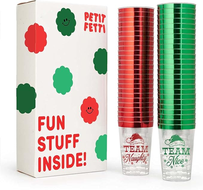 xo, Fetti Christmas Decorations Cups - 30 count, 12 oz | Team Naughty or Nice, Christmas Eve Disposable Drinkwear, Clear Plastic Cocktail Tumbler with Foil