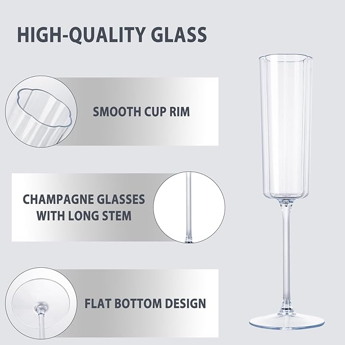 Ciaell 24 Pack Plastic Champagne Flutes - 6 Oz Flower Wavy Champagne Plastic Glasses - Heavy Duty Vintage Disposable Flutes for Party & Anniversary & Wedding