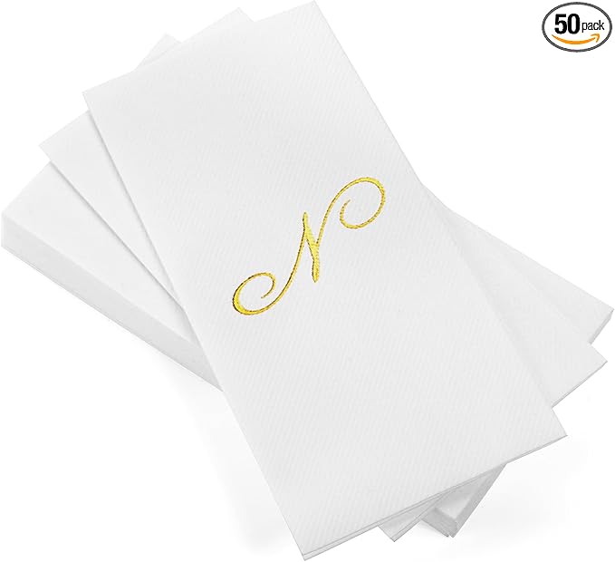 AMERICAN HOMESTEAD Disposable Hand Towels - Gold Foil Monogrammed Guest Napkins - Linen-Like Bathroom Paper Towels for Guests - Perfect Wedding and Party Napkins - 50 Count (Gold N)