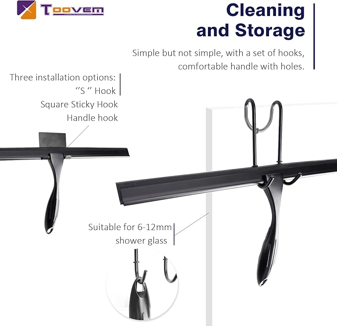 14'' Shower Squeegee, TOOVEM Squeegee for Shower Glass Door for Glass Doors, Windows, Bathroom, Car Windshield, Black