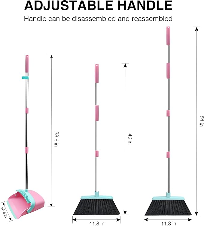 Broom and Dustpan Set, 52-in Long Adjustable Handle Broom Dustpan Combo with Dust pan Teeth to Automatically Clean Hair Suitable for Home Kitchen Office Hall Floor (Pink&Blue), 2 Pack
