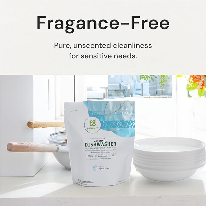 Grab Green Automatic Dishwashing Detergent Pods, 132 Count, Fragrance Free, Plant and Mineral Based, Superior Cleaning, Powerful Grease Removal, Brilliant Shine