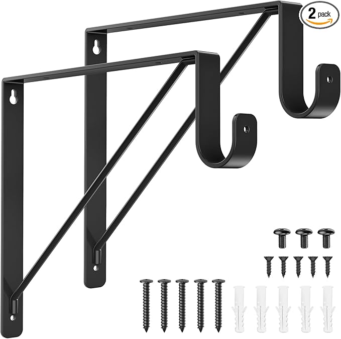 Supforce 2 Pack Closet Rod Bracket, Heavy Duty Closet Rod Support with Rod Holder, Wall Mounted Closet Shelf Brackets with Triangle Stabilizing Design for Closet, Bathroom and Kitchen, Black