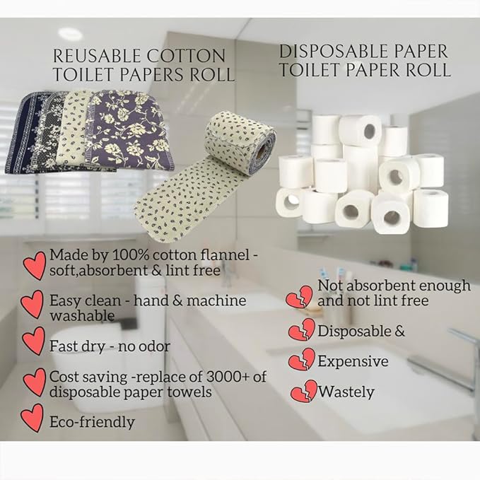 Reusable Toilet Paper Towels 20 Count Roll,Washable Cotton Cloth Paper Bidet Towels,2-Ply Super Soft Absorbent,Paperless Wipes Zero Waste(4 Colors Rose)