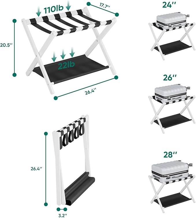 Smuxee White Bamboo Luggage Rack for Guest Room, Foldable Suitcase Stand with Storage Shelf, Easily Assembled Luggage Stand with 5 Nylon Straps for Guest Room Bedroom Hotel
