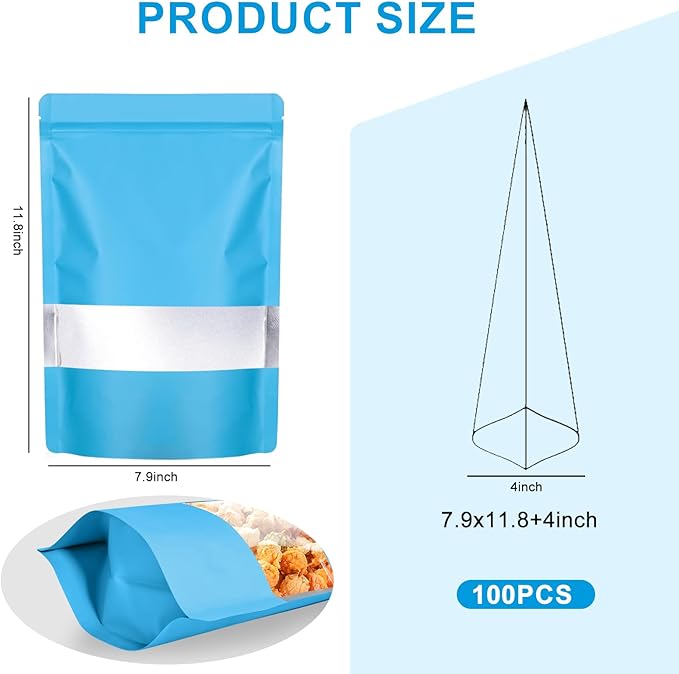 100PCS Mylar Bags for Food Storage, Smell Proof Bags Resealable Food Packaging for Small Business Stand Up Pouches with Window, 7.9" x11.8", Blue